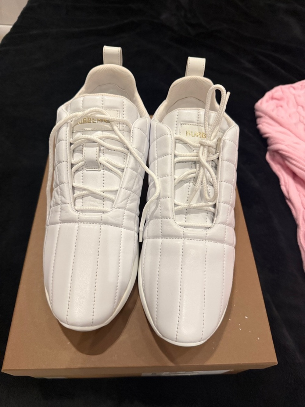 Burberry White Quilted Lace-Up Sneakers with Gold Logo